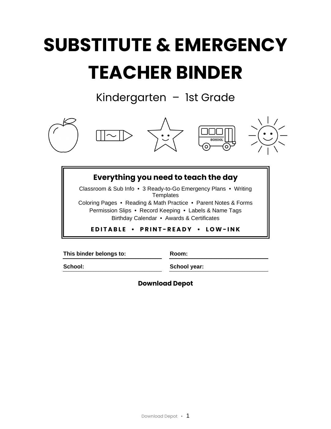 Substitute & Emergency Teacher Binder K-1